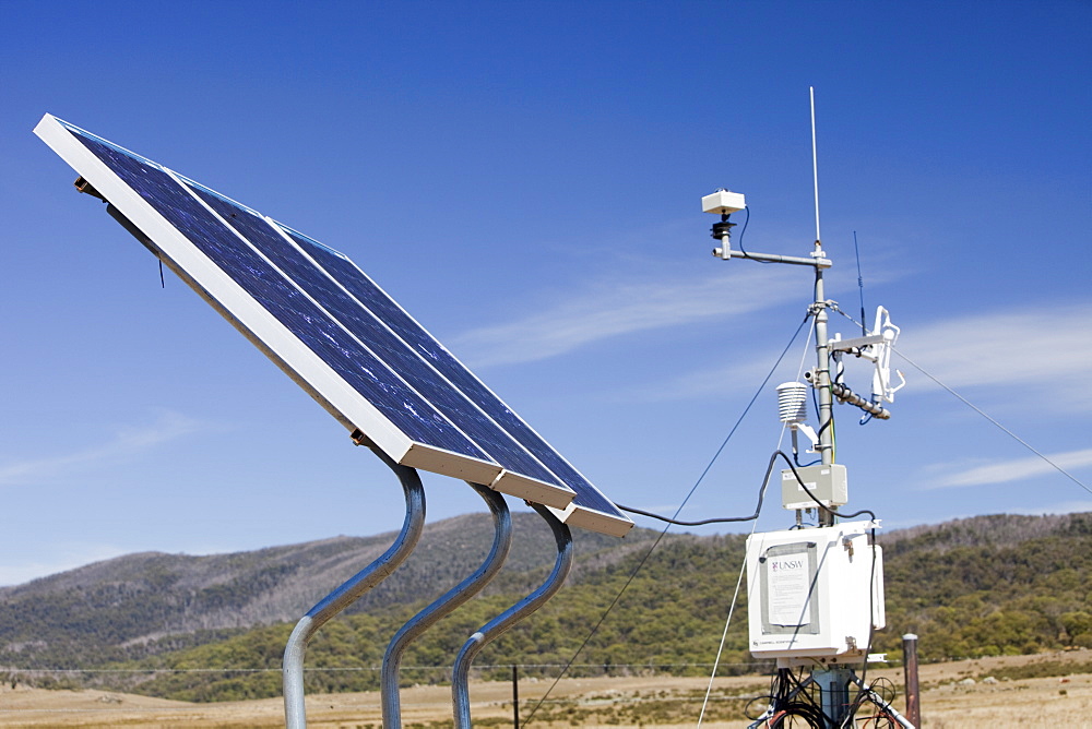 Solar panels used to generate electricity to power scientific equipment as part of a research project by scientists from Sydney University, in the Snowy Mountains, New South Wales, Australia, Pacific