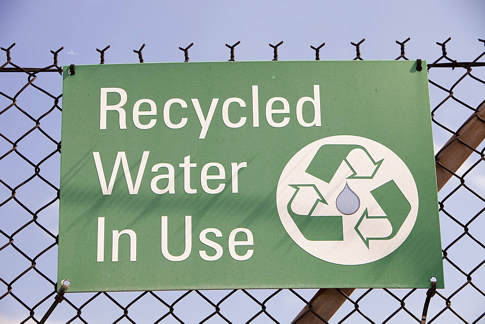 Sign saying recycled water in use at the Bluescope steel works in Port Kembla, Wollongong, New South Wale, Australia, Pacific