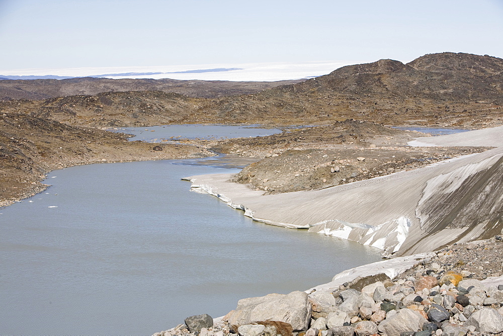 The edge of the Greenland ice sheet melting in summer above Camp Victor, north of Ilulissat on Greenland's west coast, Greenland, Polar Regions