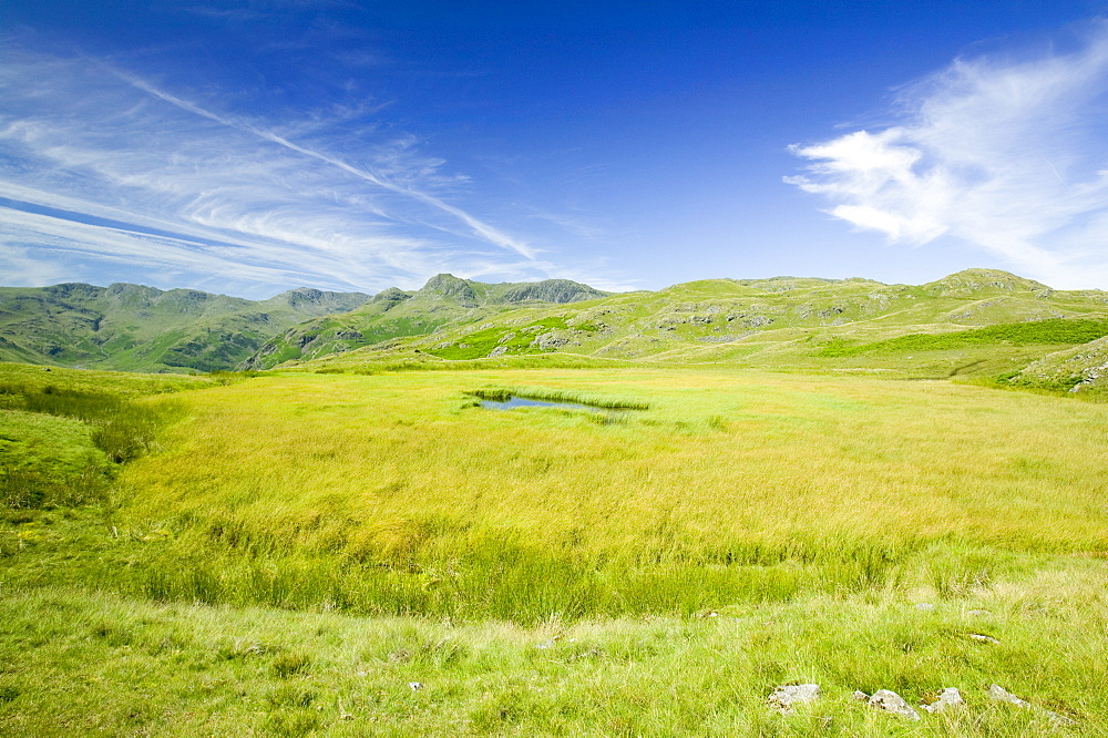 An upland tarn above the Langdale Valley in the Lake District National Park, Cumbria, England, United Kingdom, Europe