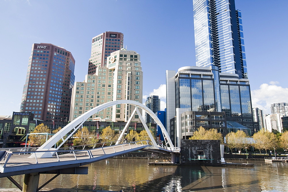 A footbridge across the Yarra River in Melbourne city centre with the Eureka Tower, Melbourne, Victoria, Australia, Pacific