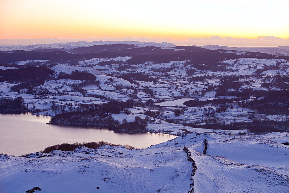 Lake Windermere from Wansfell in the Lake District, in winter snow, Cumbria, England, United Kingdom, Europe