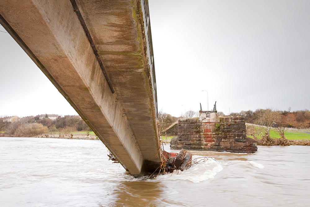 A footbridge over the River Derwent in Workington is one of many that was destroyed or damaged in the flood, Cumbria, England, United Kingdom, Europe