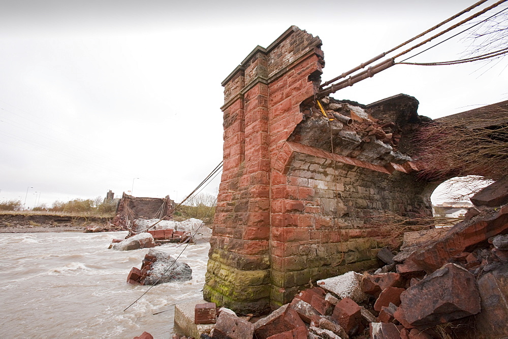 The remains of Northside Bridge in Workington which was swept away in the floods killing PC Bill Barker who was trying to stop traffic from going onto the bridge when it collapsed, Cumbria, England, United Kingdom, Europe