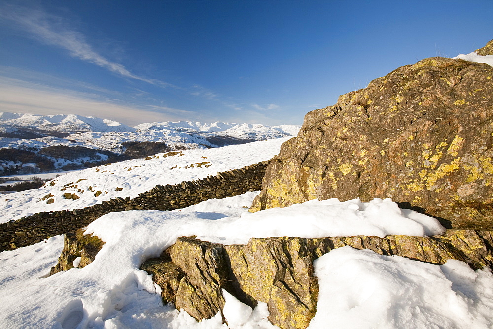 The Lake District mountains in winter snow from Red Screes, Cumbria, England, United Kingdom, Europe