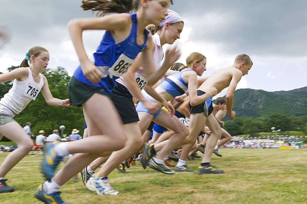 Children start the fell race at Ambleside Sports, Lake District, Cumbria, England, United Kingdom, Europe