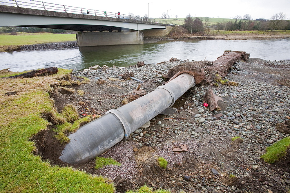 The November 2009 floods eroded the banks of the River Derwent, downstream of Cockermouth, revealing and damaging this pipeline, Cumbria, England, United Kingdom, Europe