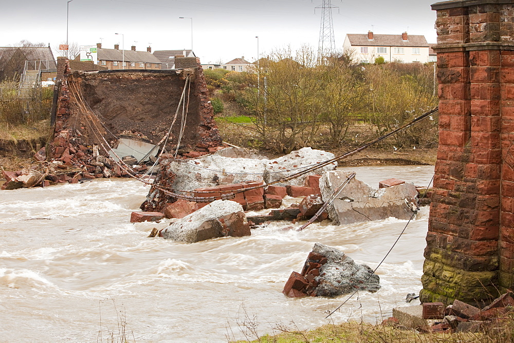 The remains of Northside Bridge in Workington which was swept away in the floods killing PC Bill Barker who was trying to stop traffic from going onto the bridge when it collapsed, Cumbria, England, United Kingdom, Europe