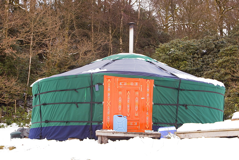 Yurts for hire in the grounds of Rydal Hall in heavy snow, Lake District, Cumbria, England, United Kingdom, Europe