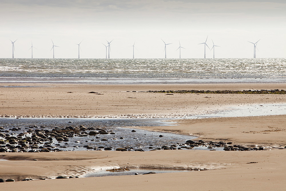 Barrow offshore wind farm, a 30 turbine, 90 MW offshore wind farm completed in 2006, situated about 7 km south west in the Irish Sea off Walney Island, Barrow in Furness, Cumbria, England, United Kingdom, Europe