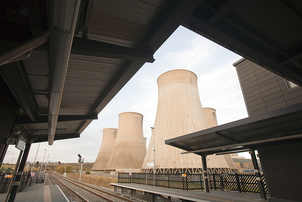 Ratcliffe on Soar coal fired power station from the new gateway railway station near Loughborough, Leicestershire, England, United Kingdom, Europe