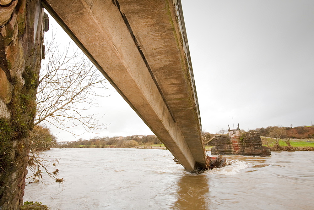 A footbridge over the River Derwent in Workington is one of many that was destroyed or damaged in the flood, Cumbria, England, United Kingdom, Europe