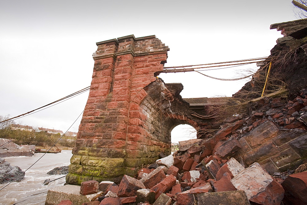 The remains of Northside Bridge in Workington which was swept away in the floods killing PC Bill Barker who was trying to stop traffic from going onto the bridge when it collapsed, Cumbria, England, United Kingdom, Europe