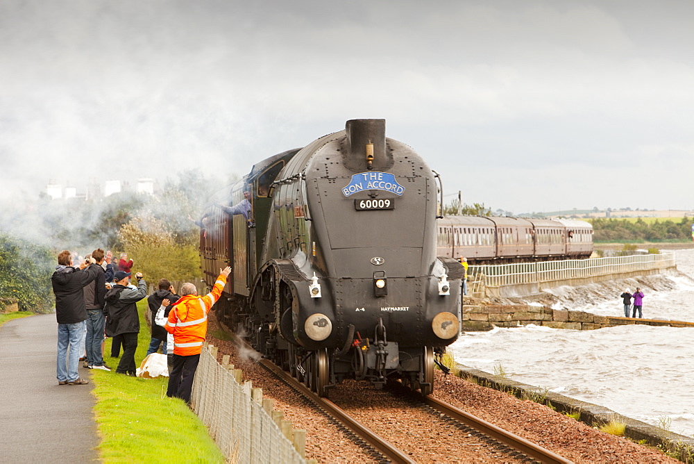 A steam locomotive, The Bon Accord, passing Culross on the Firth of Forth, Scotland, United Kingdom, Europe