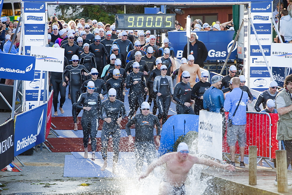 The start of the Great North Swim on Lake Windermere in the Lake District, Cumbria, England, United Kingdom, Europe