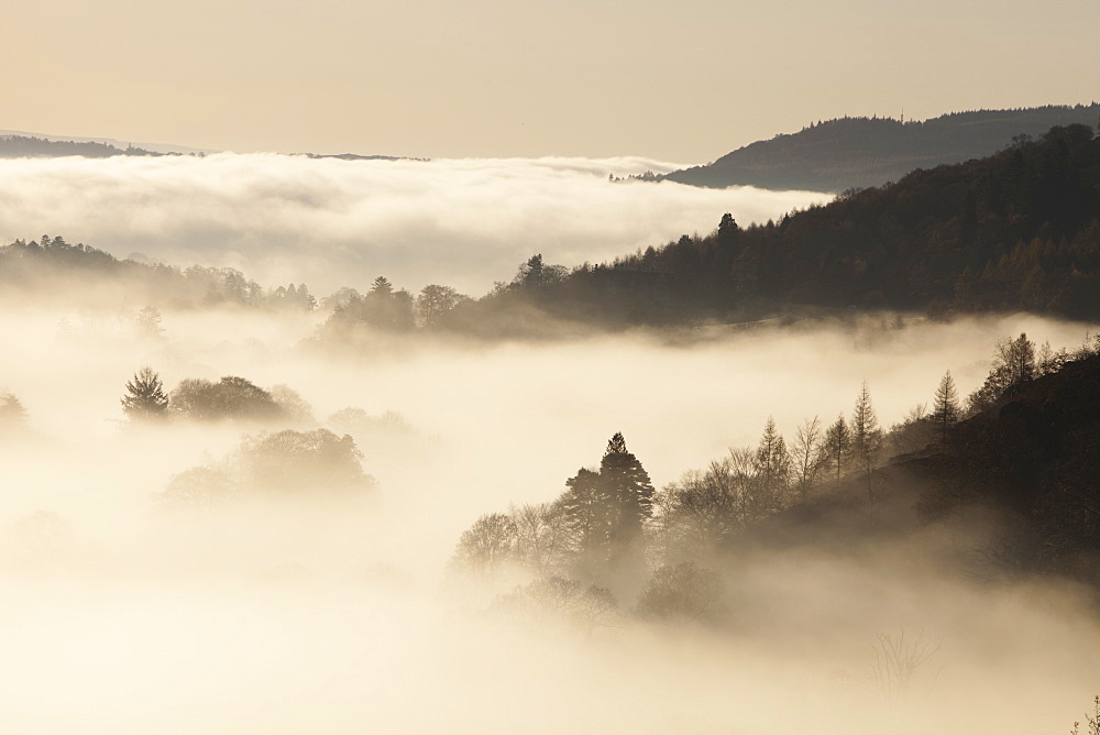 Mist caused by a temperature inversion over Ambleside in the Lake District National Park, Cumbria, England, United Kingdom, Europe