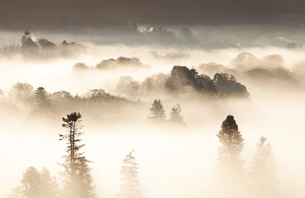 Mist caused by a temperature inversion over Ambleside in the Lake District National Park, Cumbria, England, United Kingdom, Europe