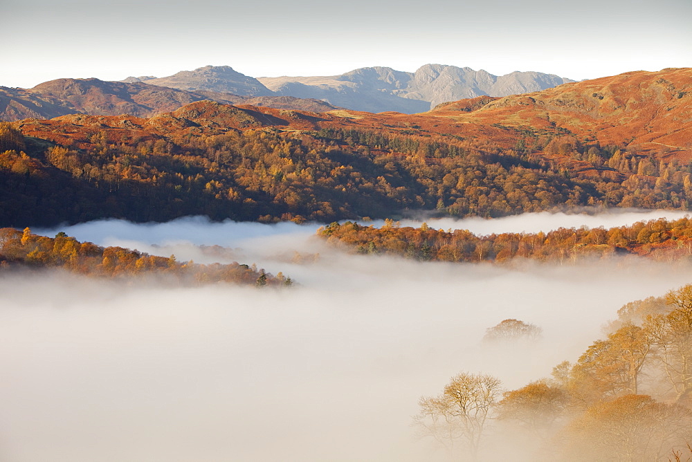 Mist caused by a temperature inversion over Ambleside in the Lake District National Park, Cumbria, England, United Kingdom, Europe