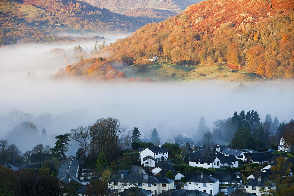 Mist caused by a temperature inversion over Ambleside in the Lake District National Park, Cumbria, England, United Kingdom, Europe