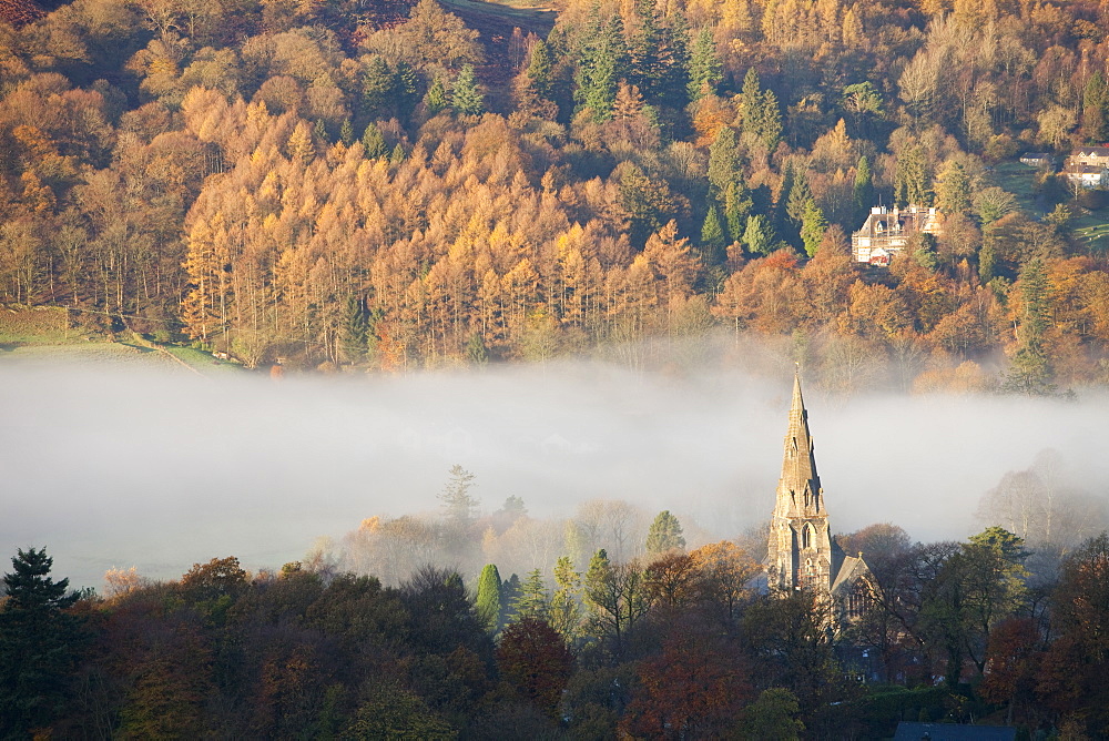 Mist caused by a temperature inversion over Ambleside in the Lake District National Park, Cumbria, England, United Kingdom, Europe