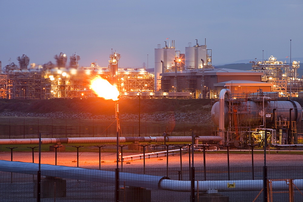 Gas being flared off at Centrica's gas plant in Barrow in Furness, processing gas from the Morecambe Bay gas field, Cumbria, England, United Kingdom, Europe