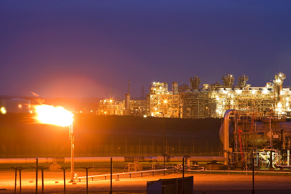 Gas being flared off at Centrica's gas plant in Barrow in Furness, processing gas from the Morecambe Bay gas field, Cumbria, England, United Kingdom, Europe