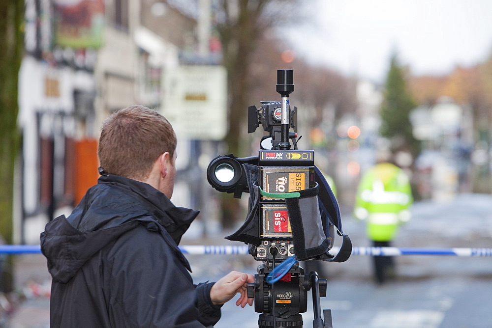 A BBC film crew on the Main Street of Cockermouth, Cumbria, England, United Kingdom, Europe