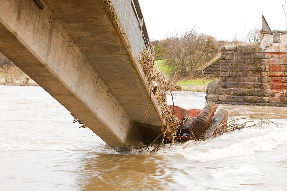 A footbridge over the River Derwent in Workington is one of many that was destroyed or damaged in the flood, Cumbria, England, United Kingdom, Europe