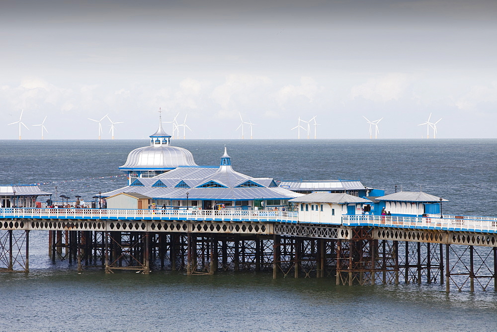 Rhyl Flats offshore wind farm and Llandudno Pier, North Wales, United Kingdom, Europe