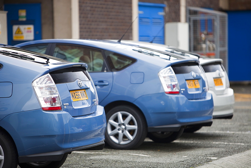 Three Toyota electic hybrid synergy drive cars in the grounds of Bangor University, North Wales, United Kingdom, Europe