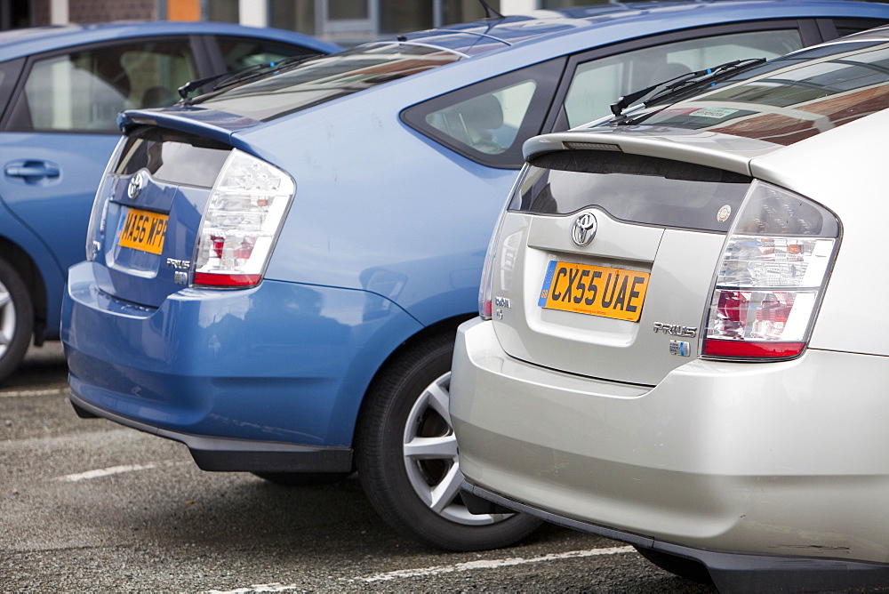 Three Toyota electic hybrid synergy drive cars in the grounds of Bangor University, North Wales, United Kingdom, Europe