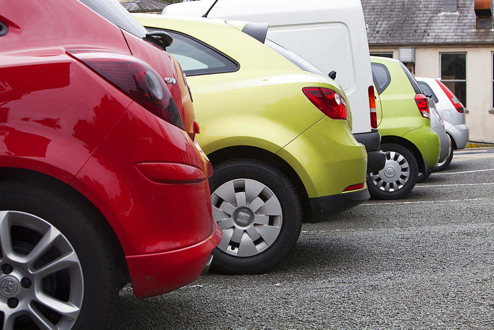 Cars in a university car park, Bangor, North Wales, United Kingdom, Europe