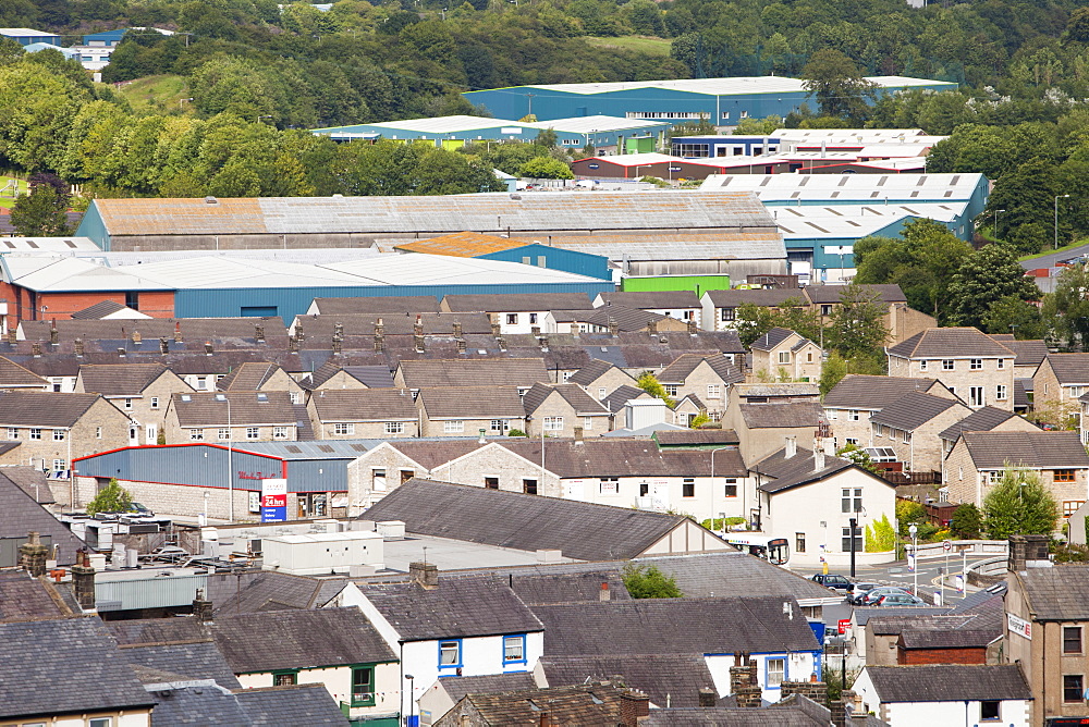 Houses and industrial estate on the outskirts of Clitheroe, Lancashire, England, United Kingdom, Europe