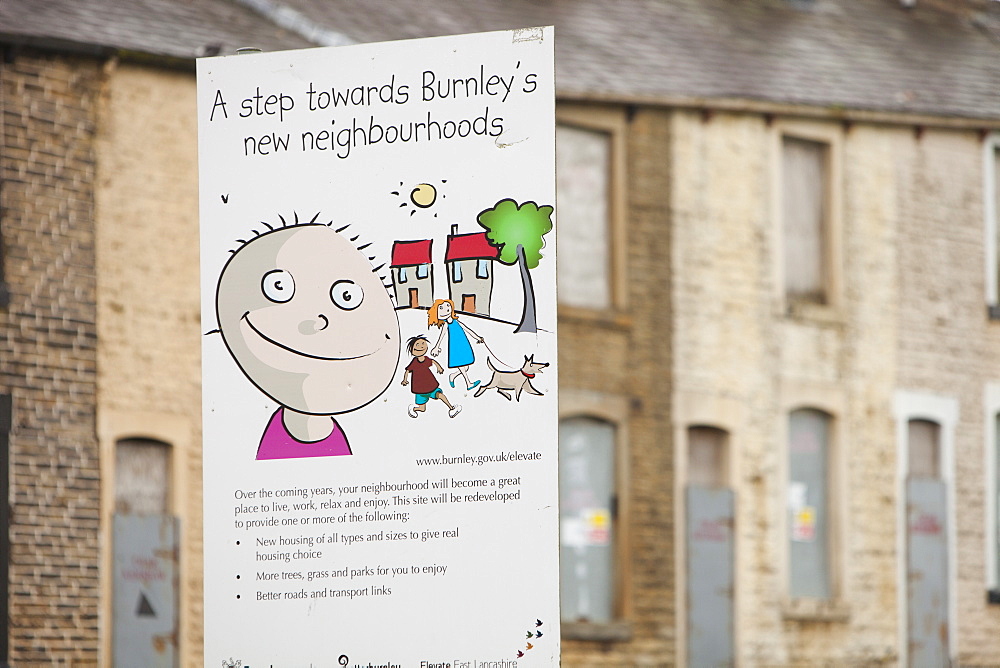 Boarded up terraced houses that have been compulsorily purchased for demolition in the Burnley Wood area of Burnley, Lancashire, England, United Kingdom, Europe