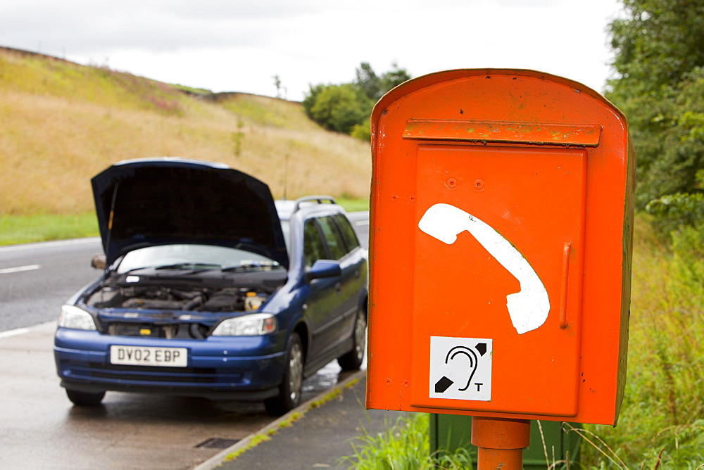 An emergency brekadown phone on the A65 near Settle, Yorkshire, England, United Kingdom, Europe