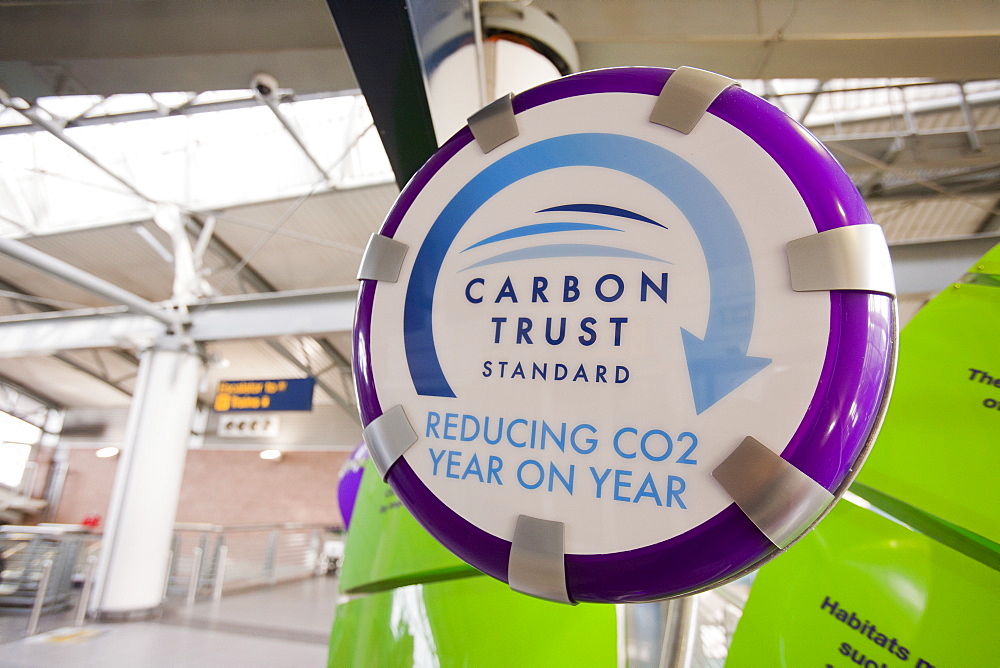 A Carbon Trust standard display at Manchester airport, outlining how they are reducing their carbon footprint, England, United Kingdom, Europe