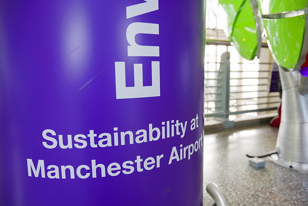 A Carbon Trust standard display at Manchester airport, outlining how they are reducing their carbon footprint, England, United Kingdom, Europe