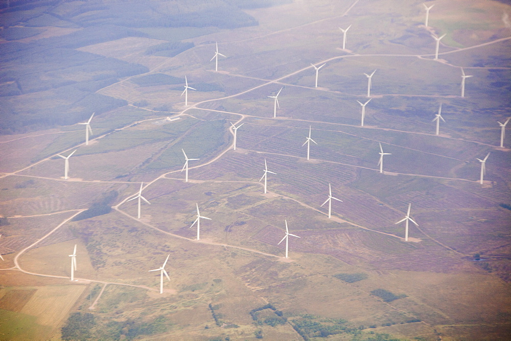 A wind farm in the Southern Uplands of Scotland seen from the air, United Kingdom, Europe