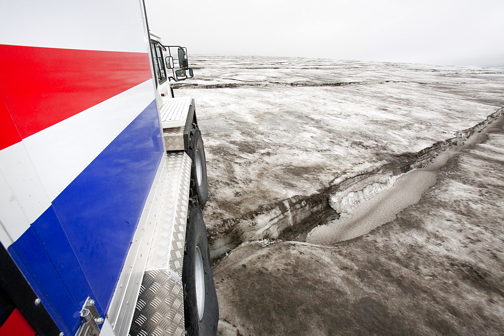 A twenty ton ice explorer truck owned and run by Arngrimur Hermannsson ( Arni), taking tourists onto the Langjokull ice cap, Iceland, Polar Regions