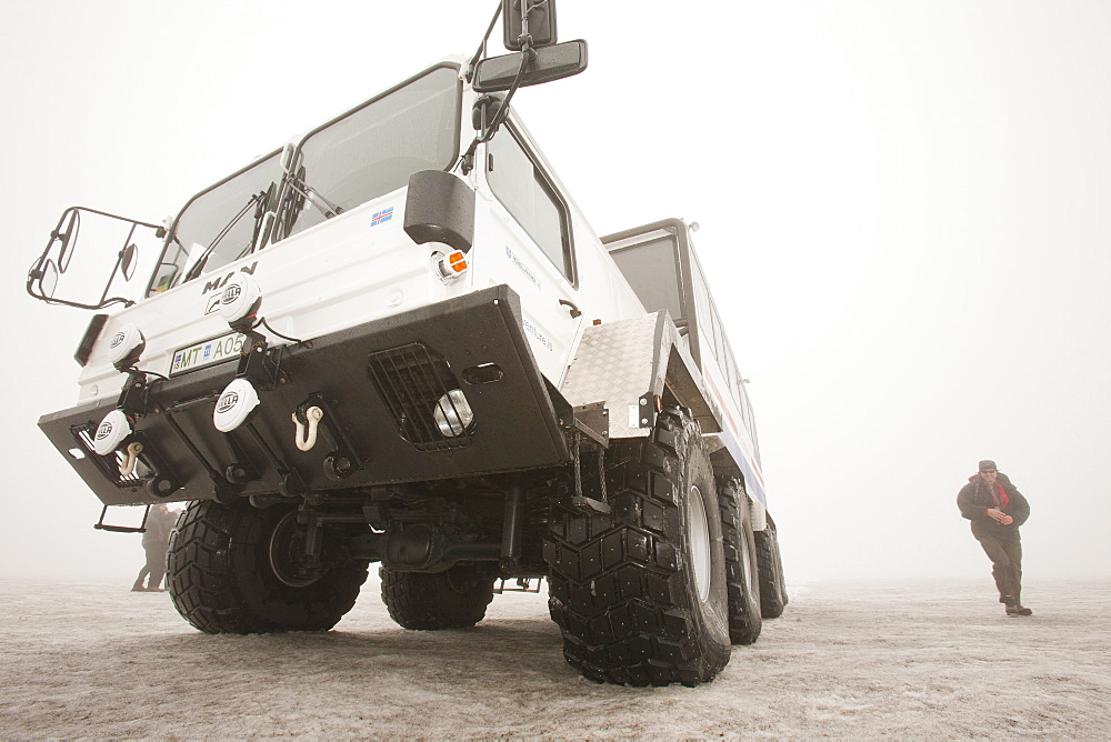 A twenty ton ice explorer truck owned and run by Arngrimur Hermannsson ( Arni), taking tourists onto the Langjokull ice cap, Iceland, Polar Regions