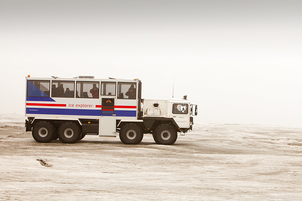 A twenty ton ice explorer truck owned and run by Arngrimur Hermannsson (Arni), taking tourists onto the Langjokull ice cap, Iceland, Polar Regions