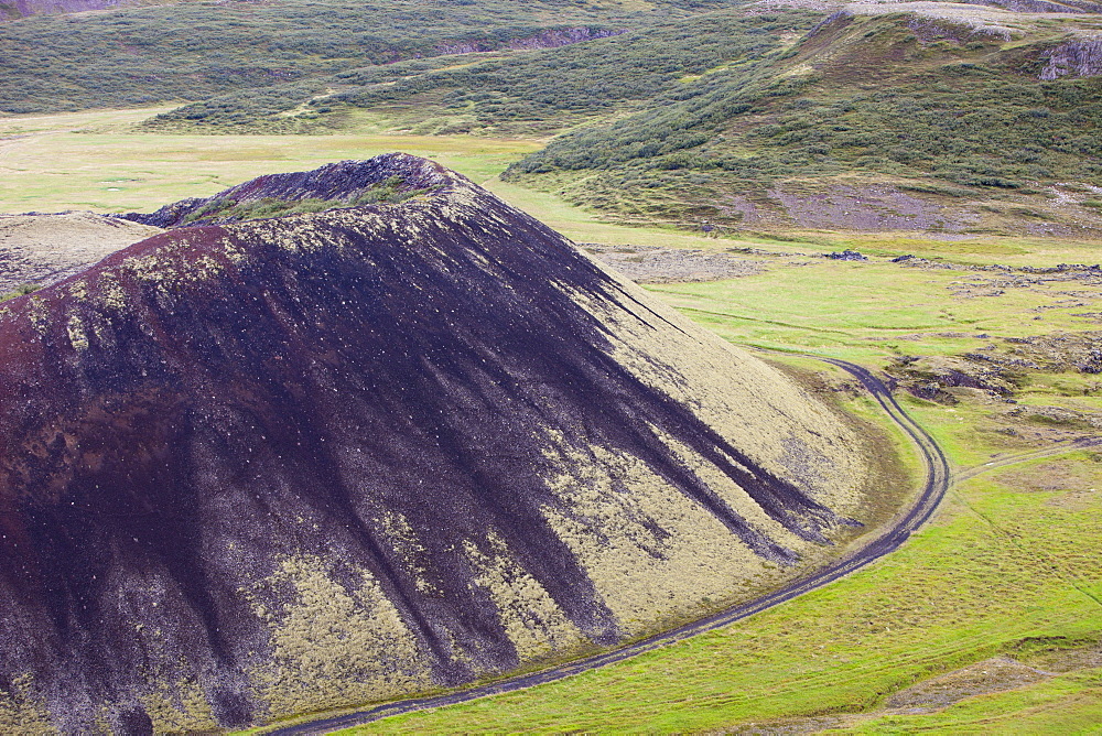 Grabrokarfell a crater caused by a fissure eruption near Reykholt in Iceland, Polar Regions