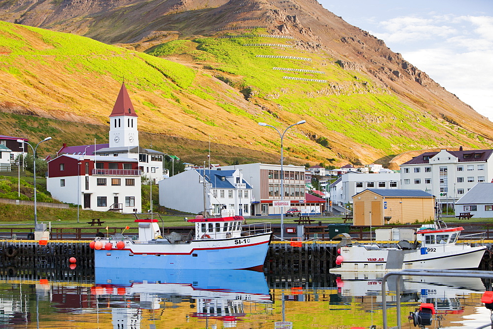 Avalanche protection defences above Iceland's most northerly town, Siglufjordur, Iceland, Polar Regions