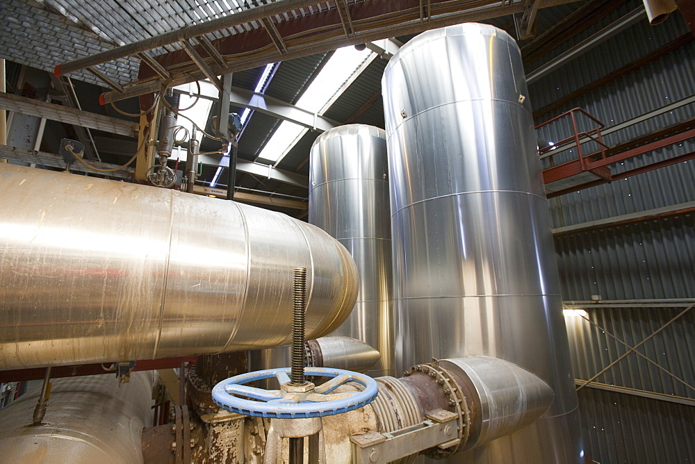 Part of the plant that removes water from the geothermal steam, before it is fed into the steam turbines at Krafla geothermal power station, Iceland, Polar Regions