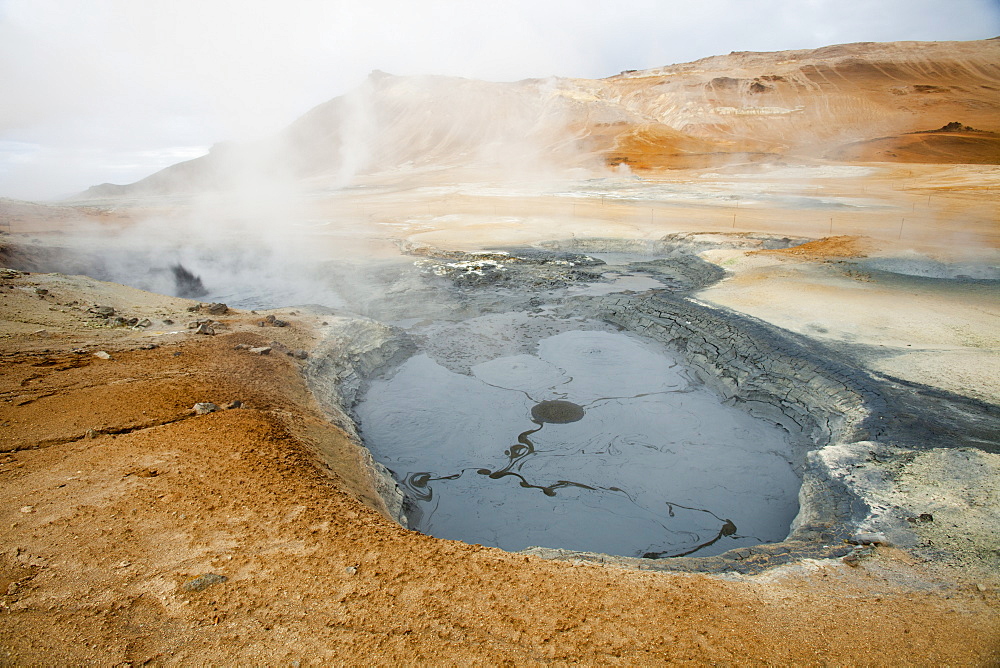 Bubbling mud pools in the geothermal area of Hverir near Myvatn, Northern Iceland, Polar Regions