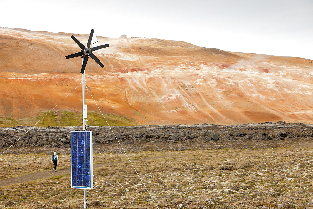 Three forms of renewable energy on one site, wind power, solar power and geothermal at a fresh lava flow that erupted during the Krafla fires at Leirhnjukur near Myvatn, during the 1970s and 80s, Iceland, Polar Regions