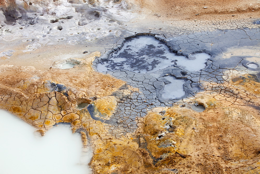 Bubbling mud pools and geothermal ground on Krafla mountain near Myvatn, Iceland, Polar Regions