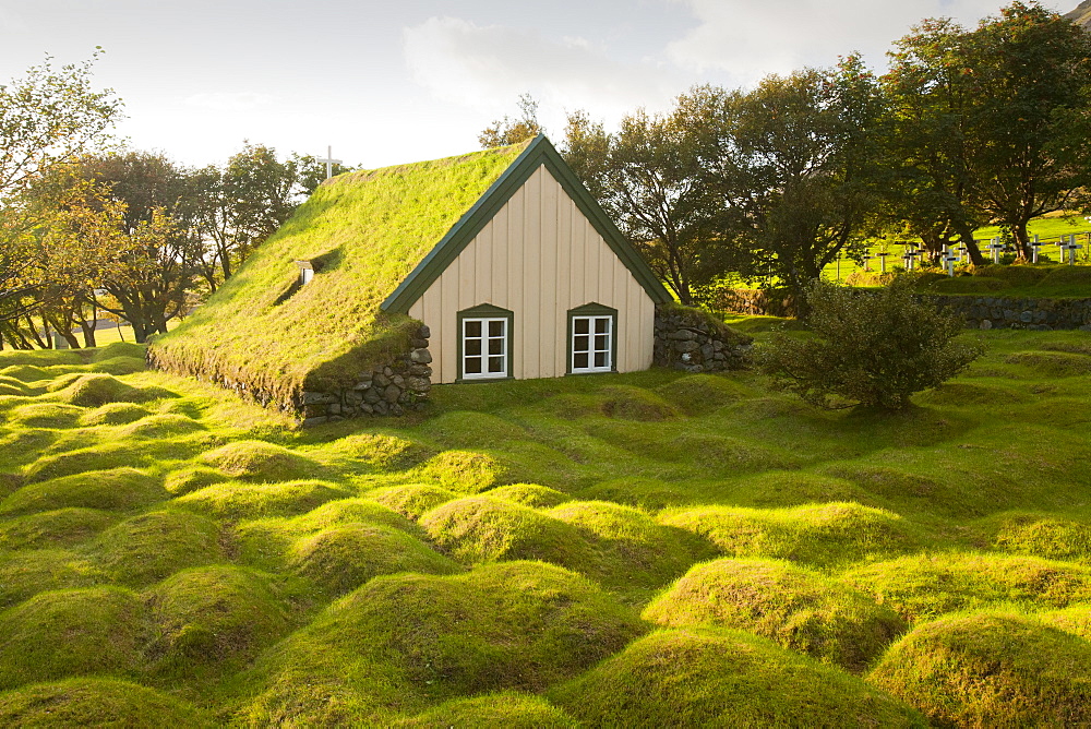 A 19th century turf roofed church at Litla Hof on Iceland's south coast, Iceland, Polar Regions