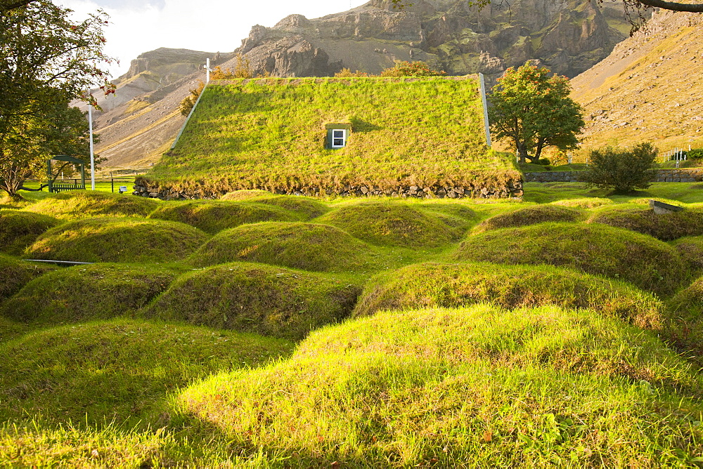 A 19th century turf roofed church at Litla Hof on Iceland's south coast, Iceland, Polar Regions