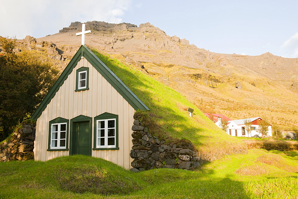 A 19th century turf roofed church at Litla Hof on Iceland's south coast, Iceland, Polar Regions